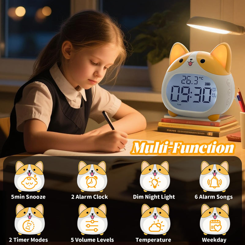 AVEKI Alarm Clocks for Kids - Cute Dog Clock with Night Light, 6 Alarm Tones, Snooze, Timer, Date and Temperature Display - Rechargeable Battery Operated Digital Clocks for Bedroom Kids Room (Corgi) Corgi