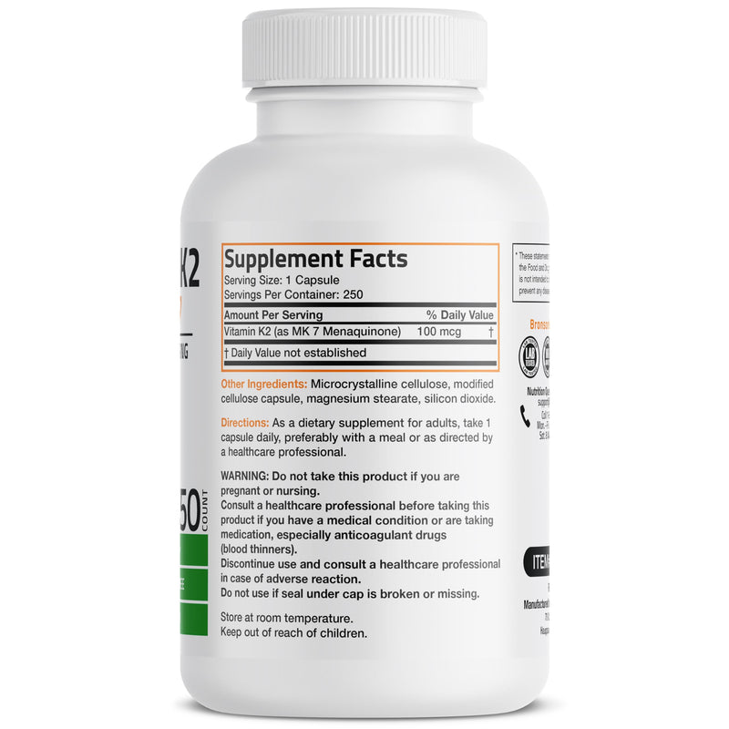 Bronson Vitamin K2 as MK-7 Menaquinone 100 mcg Non-GMO, 250 Capsules Unflavored 250 Count (Pack of 1)