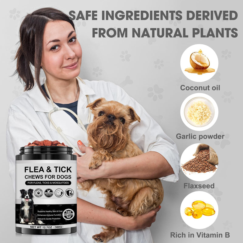 Dog Flea and Tick Chewable Supplement – Natural Support for Skin & Coat Health, Seasonal Comfort & Itch Relief – 180 Soft Chews with Chicken Flavor for Dogs & Puppies (180pcs) 180pcs