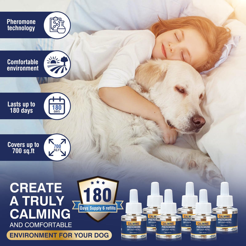 Dog Calming Diffuser Refills 6 Pack Pheromone Appeasing Pet Pheromones Refill 48ml to Calm for Anxiety Relief Reduce Aggression Stress Fighting Barking Fit Common Diffusers Plug in 180 Day(Tasteless) Tasteless