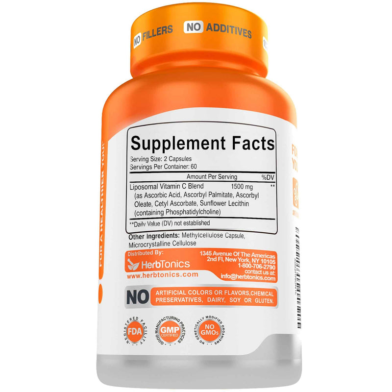 Herbtonics Liposomal Vitamin C Capsules 1500mg Immune Support Supplement | Immune System Health | High Absorption Vitamin C | Contains Collagen | 120 Vegan Capsules Non-GMO 120 Count (Pack of 1)