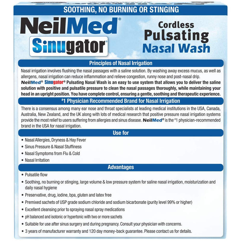 NeilMed Sinugator Cordless Pulsating Nasal Irrigator (Dual Speed) with 30 Premixed Packets and 3 AA Batteries - Black (Pack of 1) 34 Piece Set (Pack of 1)