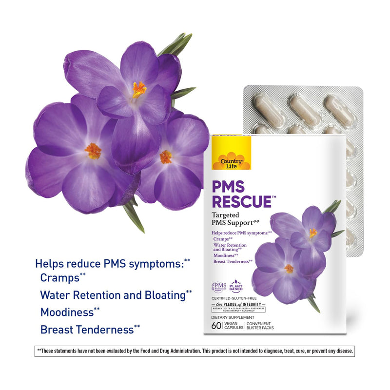 Country Life PMS Rescue PMS Support Supplement for Women, Menstrual Cycle Support, Helps Support Mood, Bloating & Cramps, Herbal & Nutrient Blend, Vegan Capsules, 60 Count