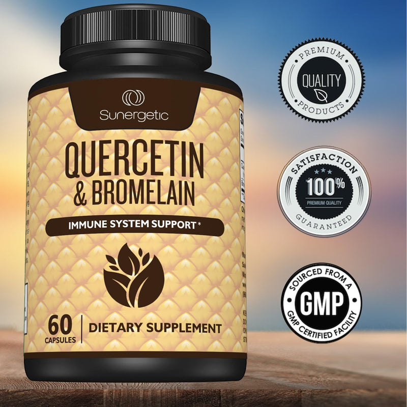 Sunergetic Premium Quercetin & Bromelain Supplement – Powerful Quercetin Bromelain Complex to Help Support Immune System & Seasonal Support – Quercetin 1000mg Per Serving – 60 Capsules - BeesActive Australia