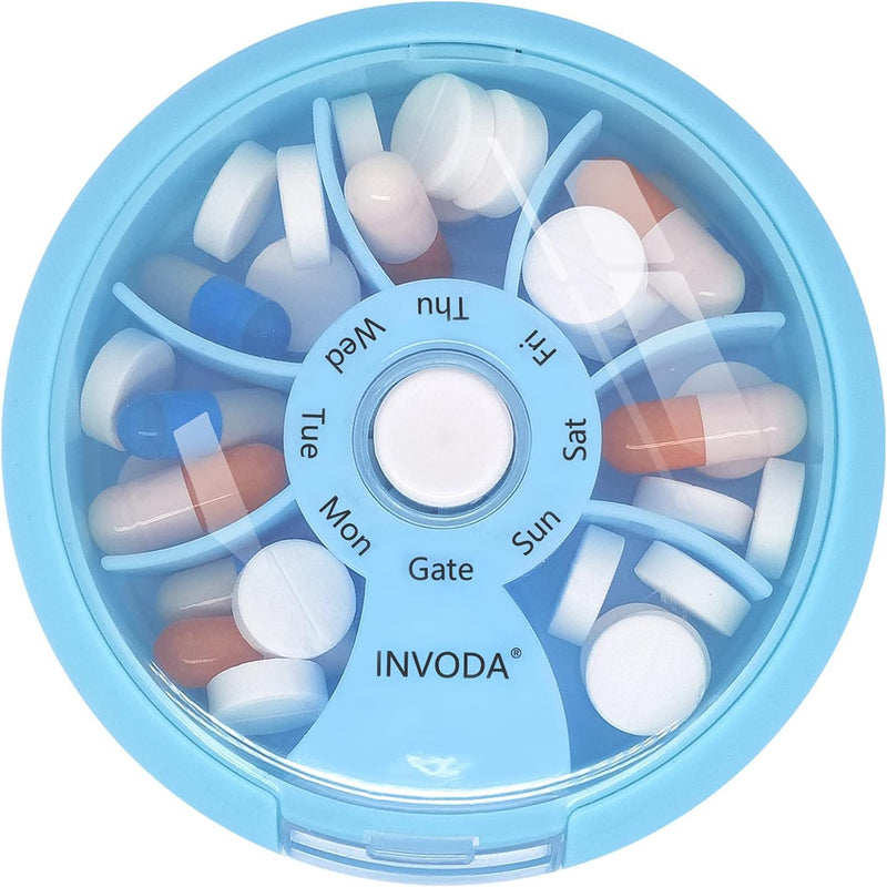 2PCS Portable Mini 7 Day Weekly Circular Shape Rotary Pill Storage Case Box | Small Pill Case Cute Pill Box 1 Time A Day for Pills Medication Supplements Vitamin Blue 2pcs