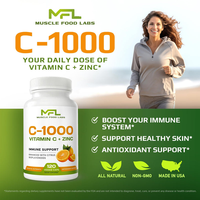 | Vitamin C + ZINC | C - 1000 | VIT C 1000mg | Zinc 25mg | Citrus Bioflavonoids 25mg | Non-GMO & Gluten Free | 120 Capsules
