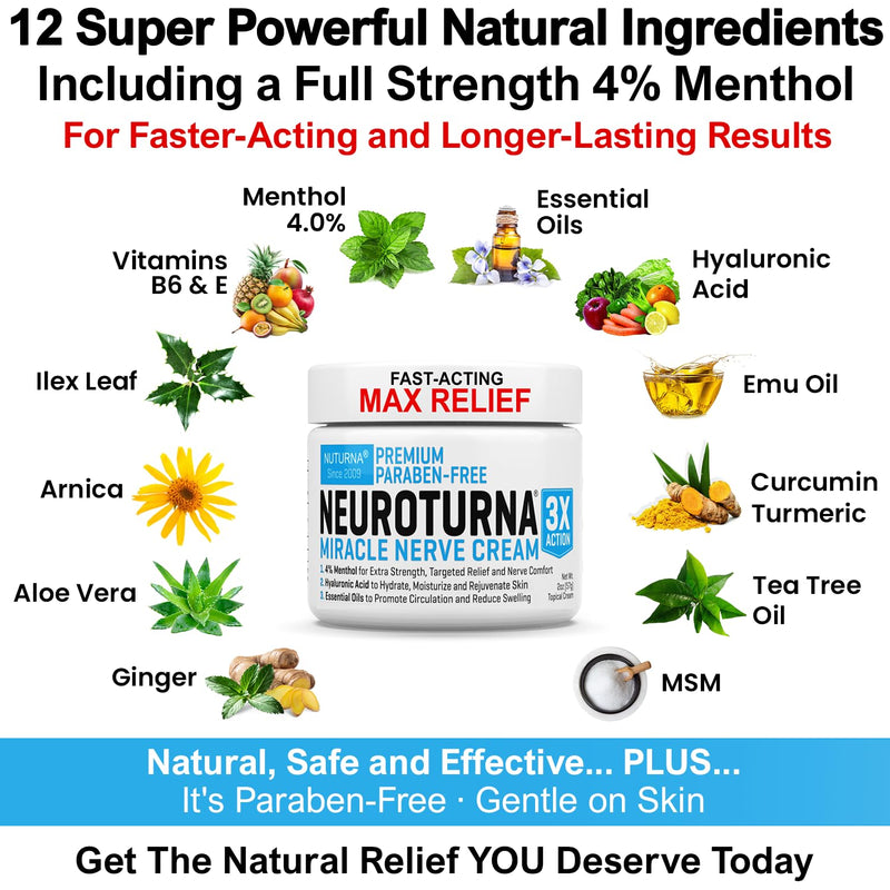 Neuroturna Nerve Relief Cream - Premium Nerve Cream 3X Action for Targeted Relief and Soothing Nerve Comfort - Maximum Strength with 4% Menthol, MSM for Feet Hands Legs Toes & Back - 8 Oz 8.00 Fl Oz (Pack of 1)