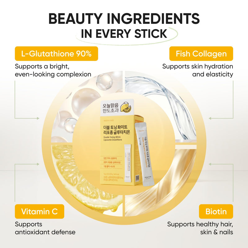 Liposomal Glutathione - Korean Beauty Drink for Glowing Skin, 30 Sticks | 500mg Vitamin C, 500mg Fish Collagen & Biotin for Radiant, Even-Looking Skin - Lemon-Lime Drink Mix