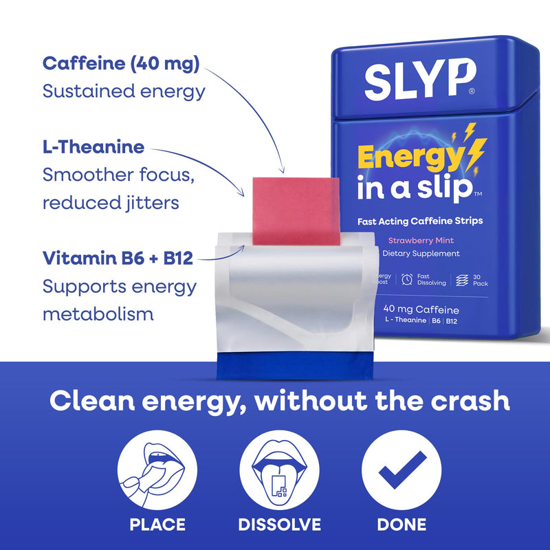 Slyp Caffeine Strips Energy Supplements – Strawberry Mint for Focus Factor with 40mg Caffeine, L-Theanine, Vitamin B6 & B12 Alternative to Sugar Free Gum, Energy Gel, Energy Pills – 30 Count