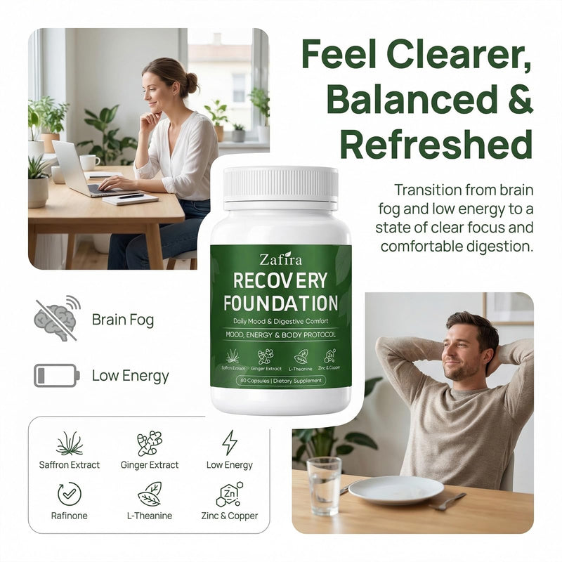 Zafira Organics Recovery Foundation Capsules – Mental Clarity & Daily Wellness Support, Saffron Extract, Ginger, L-Theanine, Myo-Inositol | Non-GMO Dietary Supplement, 60 Capsules