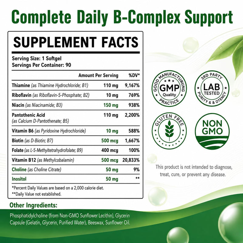 Liposomal B Complex for High Absorption Methylated B12,L-Methyfolate(5-MTHF),Full Active B Vitamins with Choline Inositol-Vegan, Non-GMO,3 Month Supply 30 Count (Pack of 3)
