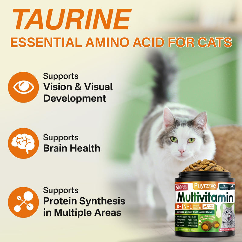 Cat Skin & Coat + Multivitamin - 500 Chews Crunchy & Creamy Cheese Core with Omega-3, Vitamins C & E, Biotin for Healthy Coat - Immune,Eye, Brain, and Bone Support for All Cats