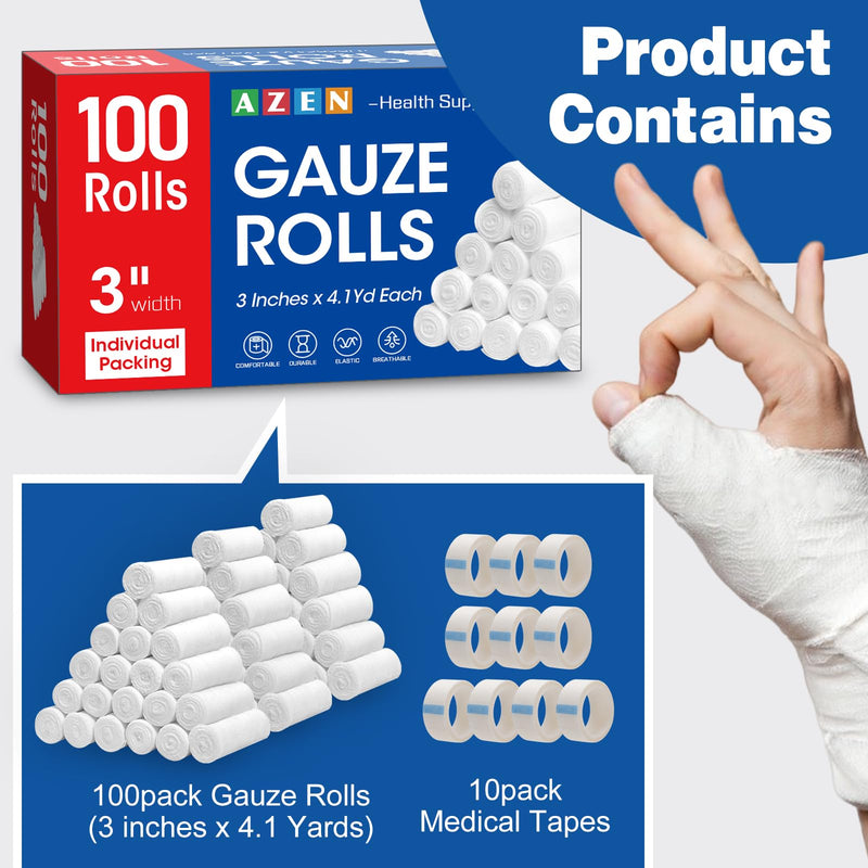 AZEN 100 Pack Gauze Rolls Bandages, 3 in x 4.1 Yards, First Aid Supplies & Premium Medical Supplies, Bandage Wrap Vet Wrap 100p 3IN - BeesActive Australia