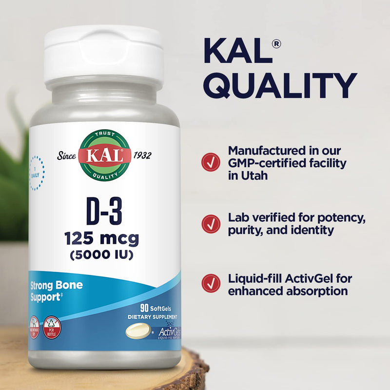 KAL Vitamin D3 5000 IU Softgels (125 mcg), Active Form of Vitamin D, Calcium Absorption, Bone Health, Immune Support Supplement, Liquid Filled ActivGels, Made Without Soy, 90 Servings, 90 Softgels 90 Count (Pack of 1)