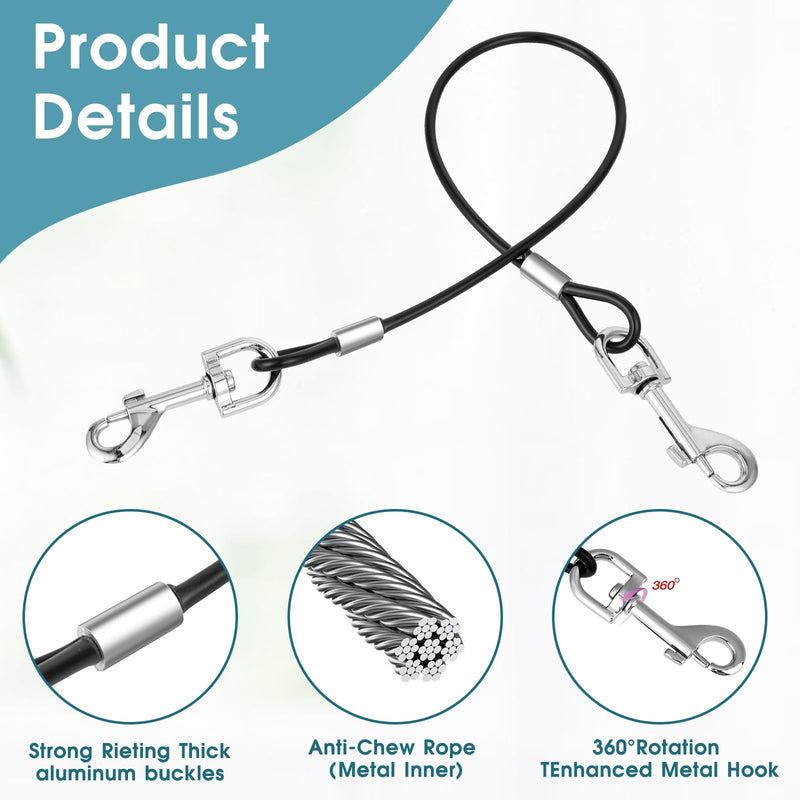 Chew-Proof Dog Seat Belt for Car, Dog Leash Tether Extender Dog Vehicle Safety Cable, Double Clip No-Chew Pet Car Leash 16 Inch Coated Wire Dog Leash Safety Restraint, 360°Rotation (Black) - BeesActive Australia