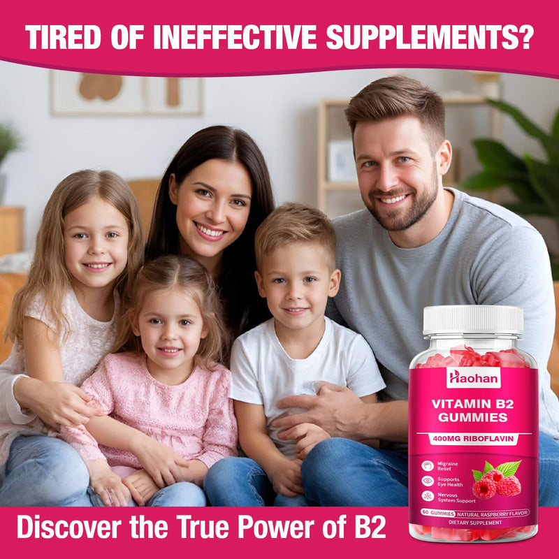 Haohan Vitamin B2 400mg with Magnesium Gummies for Migraine and Nervous System Support in Sugar-Free Vegan Raspberry Flavor, 120 Count for Adults and Kids