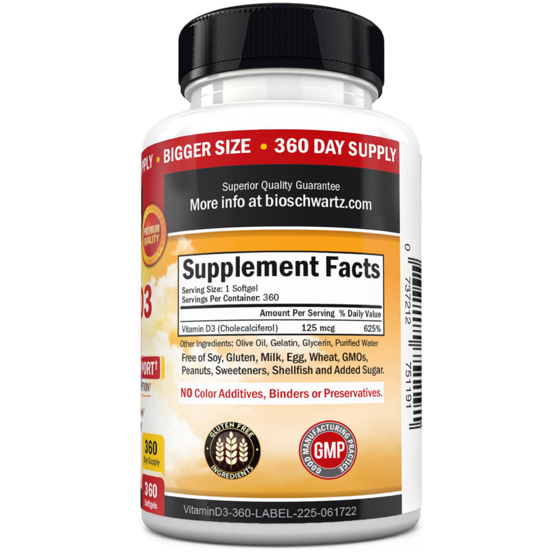 Vitamin D3 5000 IU (125 mcg) Supplement, 360 Softgels | Immune Support, Bone Strength, Healthy Muscle Function, with Olive Oil for Highest Absorption, Gluten Free & Non-GMO