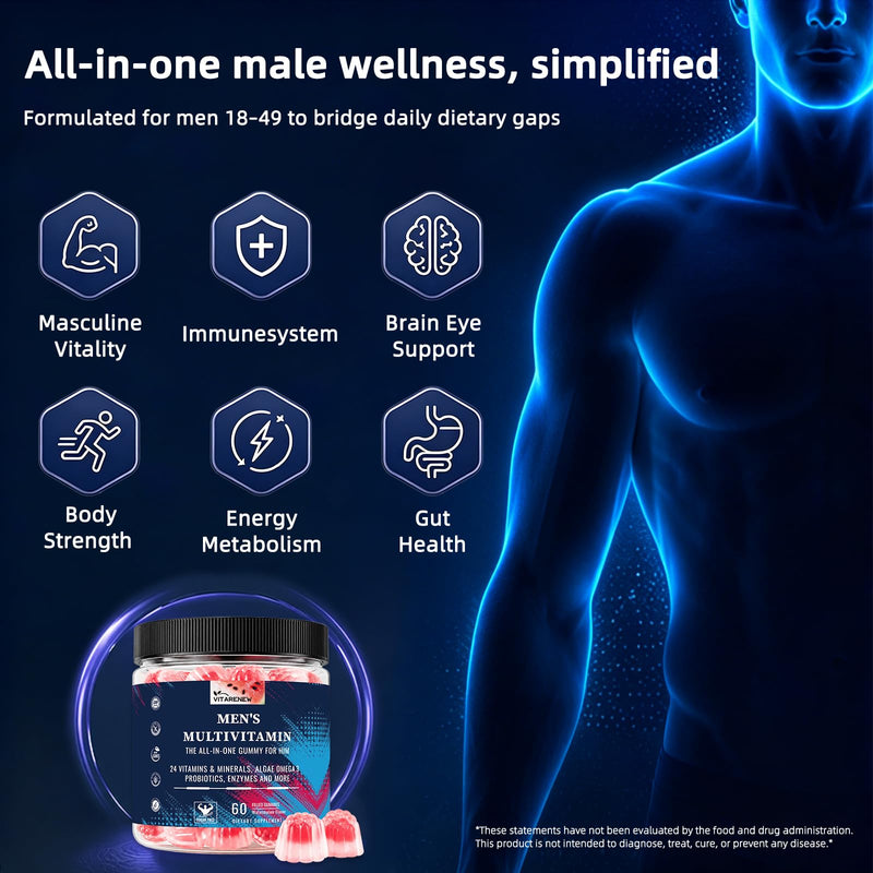 Methylated Multivitamin for Men Gummies – Supports Overall Health| Methylated B Complex, 80B Probiotics & Enzymes, Algae Omega-3, CoQ10, Turmeric, Minerals (No Iron) – Sugar Free, Vegan – 60 Count