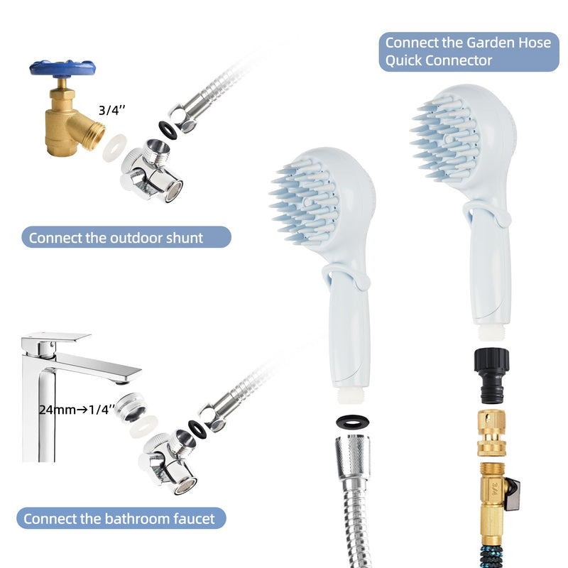 Detachable Dog Shower Head & Pet Shower Brush. Stainless Steel Hose, Soap Storage, Undercoat Nozzle for Dogs. Suites for 1/4'' Indoor bathroom faucet and 3/4'' Outdoor shunt. - BeesActive Australia