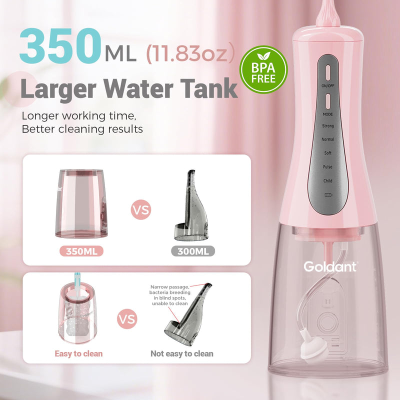 2026 Upgrade Portable Cordless Water Flosser, 350ML Tank & Travel Storage Bag, 5 Modes IPX7 Waterproof for Home & Travel, USB Rechargeable Electric Dental Flosser for Teeth Cleaning (Pink) Pink - BeesActive Australia