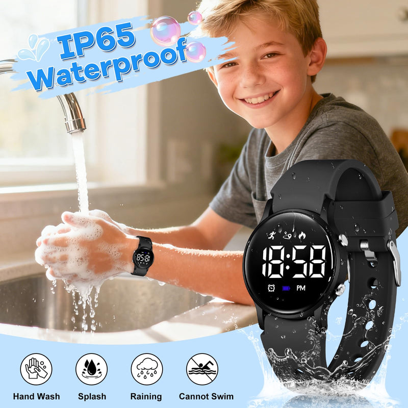 BEN NEVIS Kids Watch for Boys Girls Waterproof Digital Watch for Kids with Pedometer, Vibration Alarm Clock, Stopwatch, Calendar, No App for Ages 5-18 01-Black