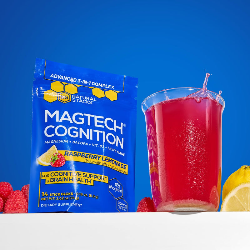 MagTech Magnesium Cognition Powder with Lions Mane Mushroom, 14 Servings | Sugar Free Focus Supplement for Adults - Magtein L-Threonate, Glycinate & Taurate Magnesium Complex - Natural Stacks Cognition (Raspberry Lemonade)