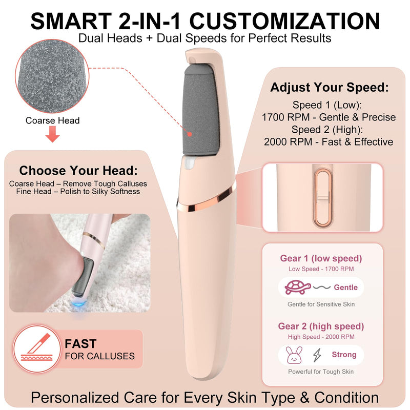 Electric Foot File, Callus Remover for Feet,Rechargeable Foot Pedicure Tool for Dry &Dead Cracked Skin,Professional Cordless Hard Skin Removal with 2 Durable Heads - BeesActive Australia