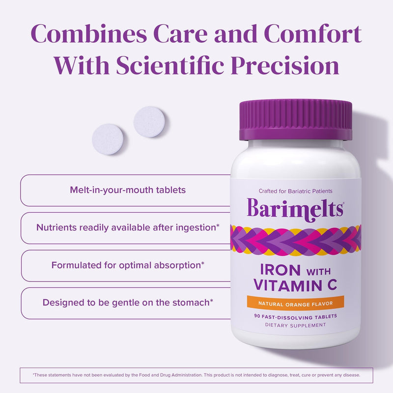 Barimelts Iron with Vitamin C, 180 Fast-Dissolving Tablets (2-Month Supply), Sugar-Free Bariatric Iron Supplement for Women, Natural Orange Flavor 90 Count (Pack of 2)