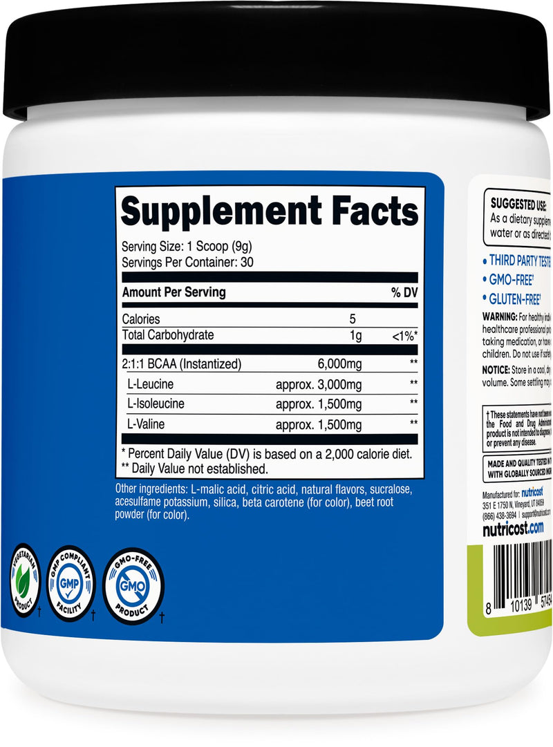 Nutricost BCAA Powder 2:1:1 (Peach Pear, 30 Servings) - Branched Chain Amino Acids