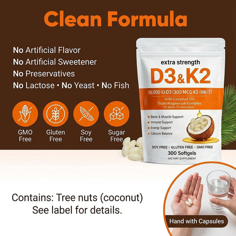Vitamin D3 K2 Magnesium Complex, Extra Strength D3 & K2 with Triple Magnesium Softgels, D3 K2 Vitamin 10000 IU Softgels(1) 1