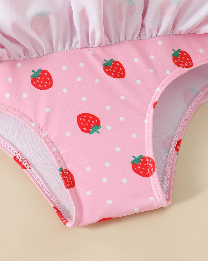 FishingDino Toddler Floatation Swimsuit Girls 1-6T, One Piece Float Suit with Built-in Float, Cute Floating Swim Suit Floatie Pink Strawberry 4-5T