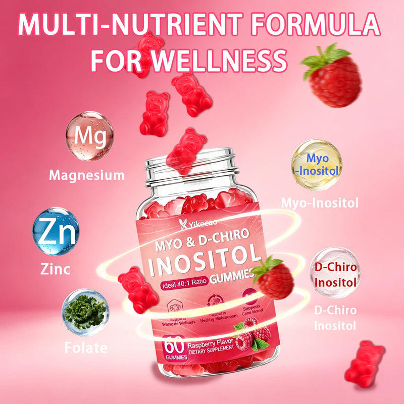 Myo-Inositol & D-Chiro Inositol Gummies, Raspberry Flavor | 40:1 Ratio – with Vitamin D3, Magnesium Glycinate for Female Hormonal Balance, Ovarian Health & Wellness, 60 Count 60 Count (Pack of 1)