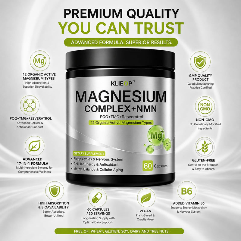 Magnesium Complex Supplement for Women and Men with NMN Supplement | 17-in-1 TMG, Resveratrol, PQQ & Vitamin B6,Sleep & Relaxation, Nervous System, NAD+ Level & Cellular Energy Support 60 Count (Pack of 1)