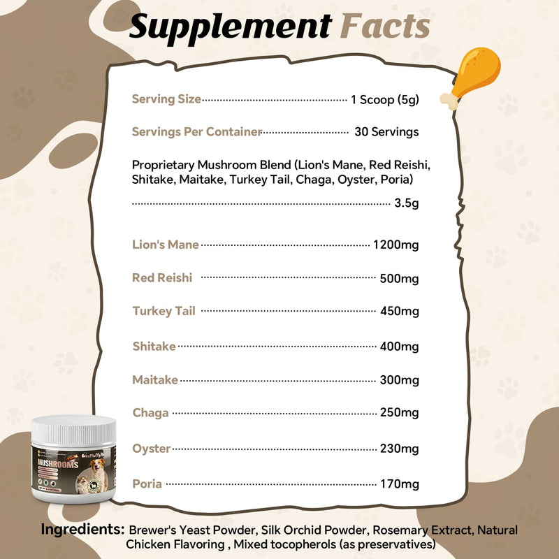 Turkey Tail Mushroom Natural Supplement for Dogs & Cats - 150g Pet Mushroom Powder Complex for Immune & Gut Support Brain Health and Digestion Liver & Heart Health, for Lumps and Bumps