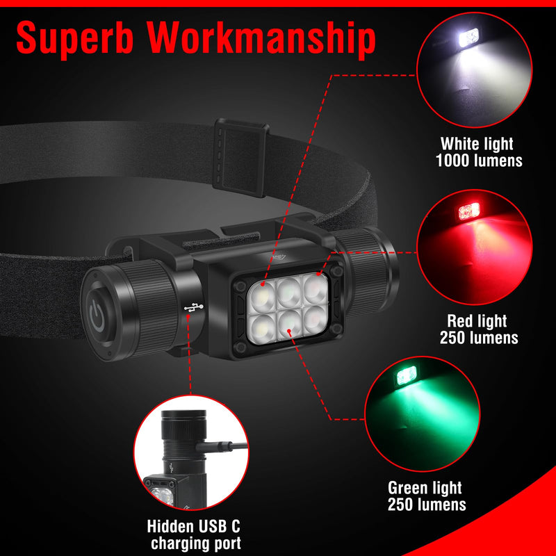 BORUIT HP360 Headlamp Rechargeable (Cob Red and Green) 7 Modes Super Bright Head Lamp,180°Angle Head Lights for Forehead, IP67 Waterproof Headlamps for Adults Outdoor Hunting Hard Hat Camping Hiking