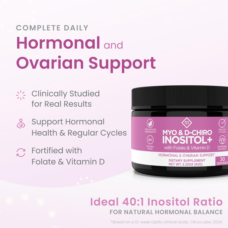 Optify Myo-Inositol & D-Chiro Inositol Supplement for Women | 40:1 Ratio Plus Folate and Vitamin D | Support Healthy Hormonal Balance, Regular Cycles, & Ovarian Health (2.22oz Powder (Pack of 1)) 2.22 Ounce (Pack of 1)
