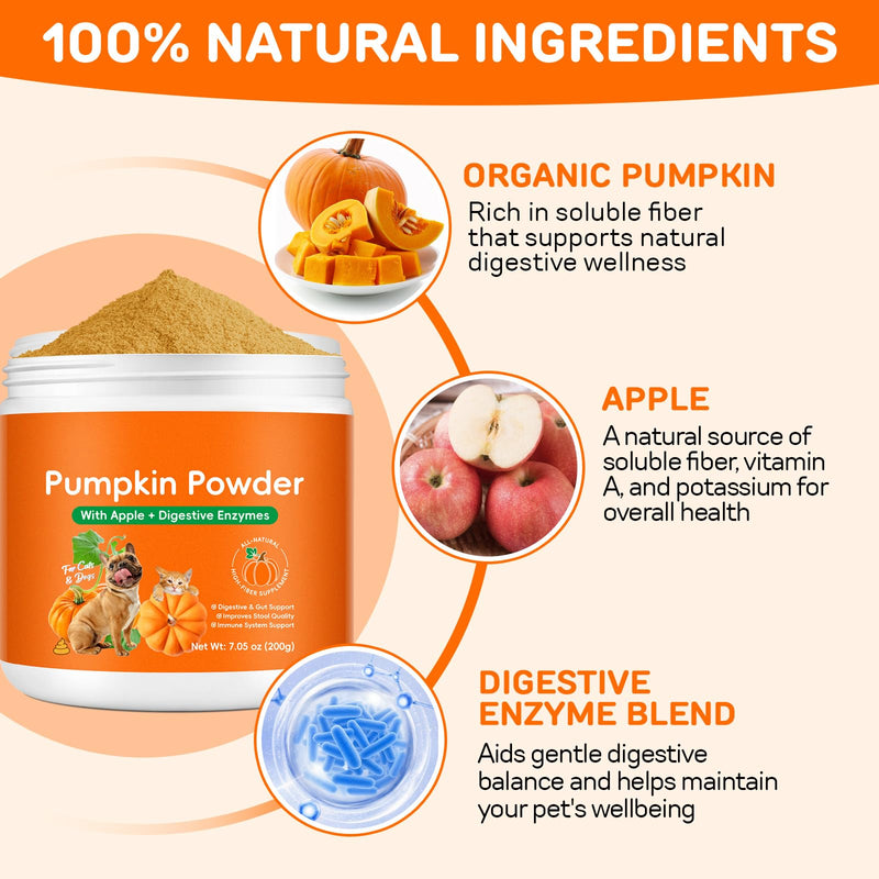 Pumpkin Powder for Dogs & Cats with Apple and Digestive Enzymes - Digestive & Gut Support Supplement, Helps Improve Stool Quality & Nutrient Absorption, 7.05 oz