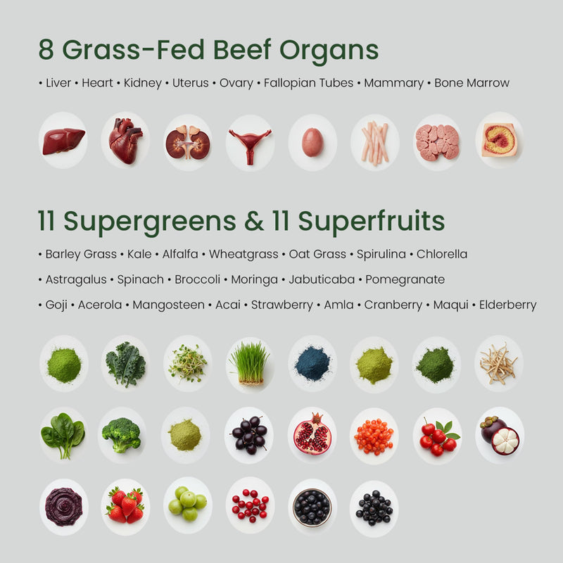 Grass Fed Beef Organ Supplement for Women with Supergreens, 180ct | 8 Beef Organs, 11 Supergreens, 11 Superfruits, 60+ Nutrients, 3 Month Supply, Hormone Balance, Energy, Immunity, Skin