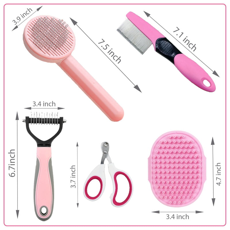 Cat Brush Grooming Kit 5pcs - Cat Brushes for indoor Cats, Cat Brush for Shedding for Long Haired Cats, Pet Self Cleaning Kit, Cat Brush for Matted Fur Hair with Flea Comb Set Pink - BeesActive Australia