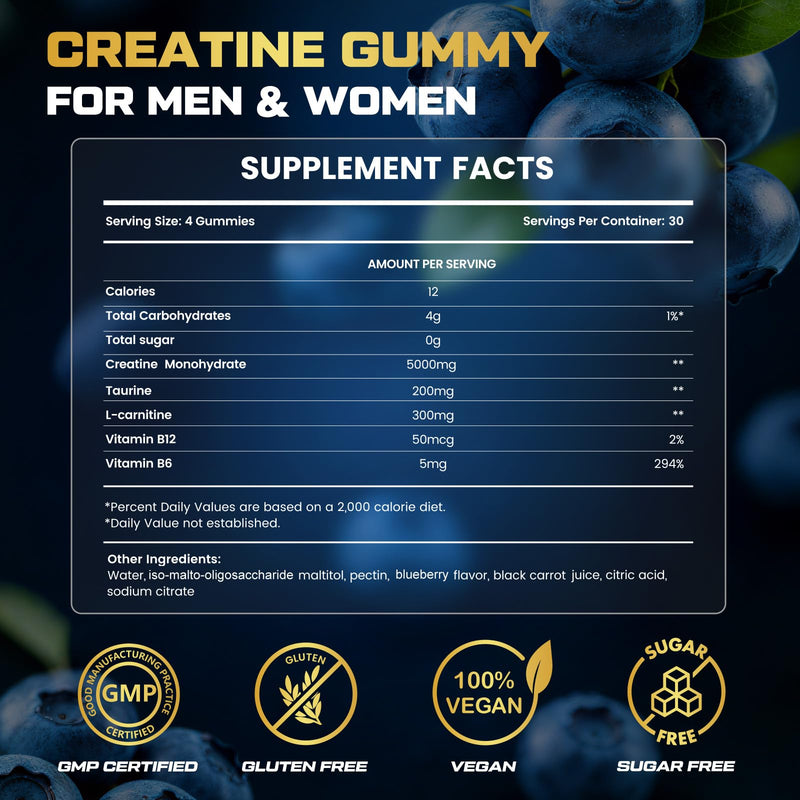 Creatine Gummies for Men & Women, 5-in-1 Complex with Taurine, L-Carnitine, Vitamin B12 & B6 Support Muscle, Recovery, 5g Creatine Monohydrate Gummies Post & Pre Workout Supplements, 120 Count 120 Count (Pack of 1)