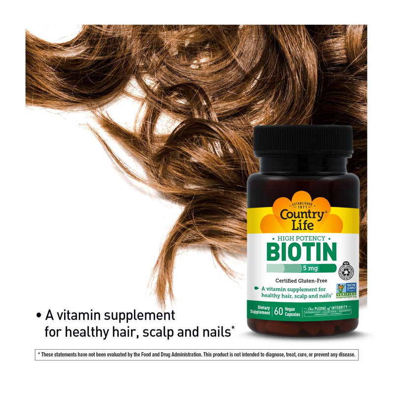Country Life Biotin 5 mg for Hair, Scalp and Nails, 60 Vegan Capsules | Supports keratin formation for healthy hair, skin & nails; gluten-free and Non-GMO Project Verified Unflavored 60 Count (Pack of 1)