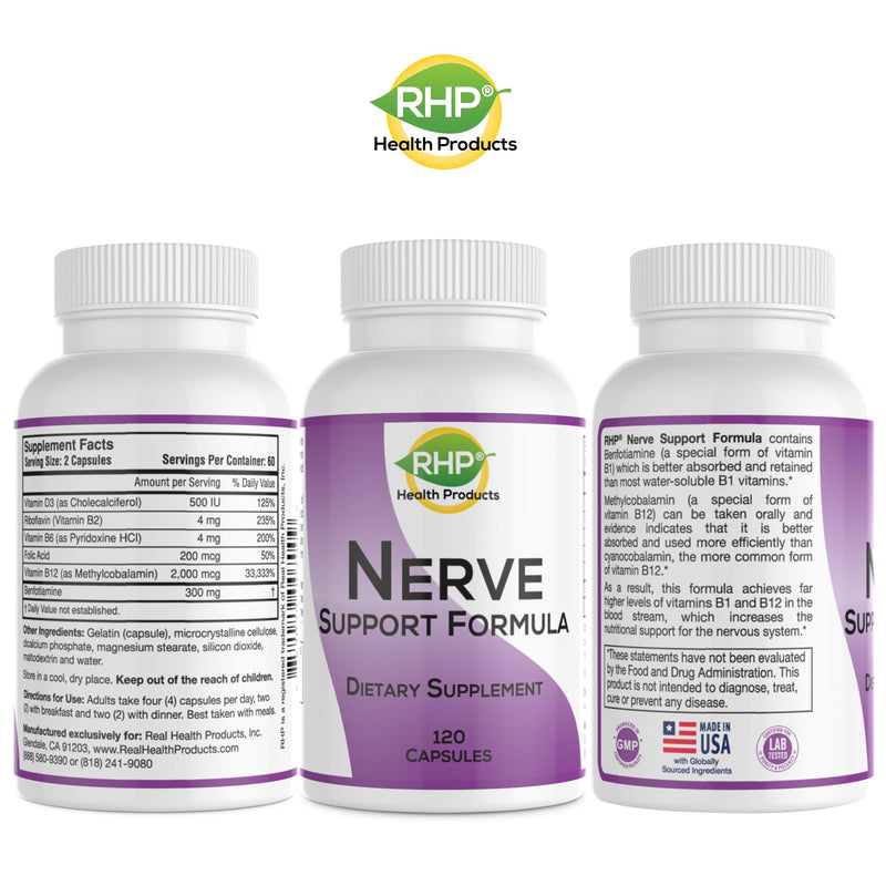 Nerve Support Formula Supplement - Nutritional Support for Neuropathy Pain Relief for Feet & Hands, Advanced B Complex with Benfotiamine, Vitamin B1, Methyl B12, Folic Acid & D3 – 120 Capsules