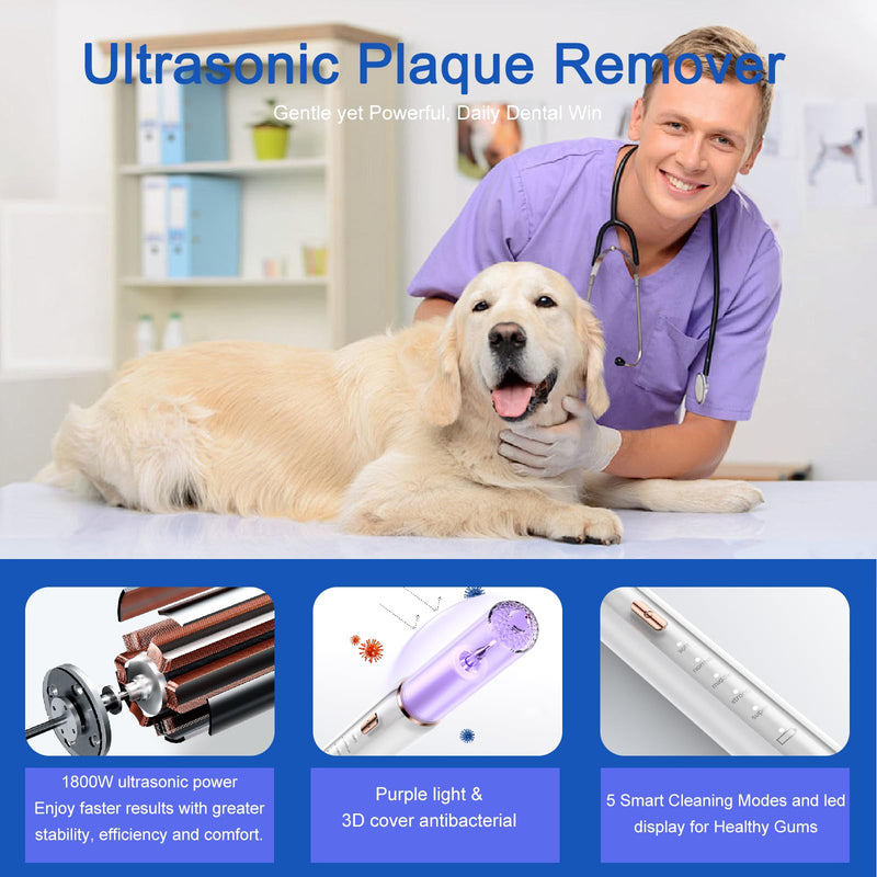 Dog Plaque Remover for Teeth, 7Pcs Teeth Cleaning Kit, Rechargeable Ultrasonic Pet Tartar Remover for Calculus and Teeth Stains, 5 Cleaning Modes with LED Light, IPX6 Waterproof Dental Care Kit