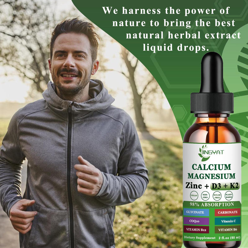Calcium Magnesium Zinc Liquid Drops, Liquid Magnesium Glycinate 500mg Calcium 1000mg with Vitamin D3,K2,B6,B12,Coq10 for Bone Strength, Muscle Function,6X Stronger Than Gummies Capsules Mixed Berry 2 Fl Oz