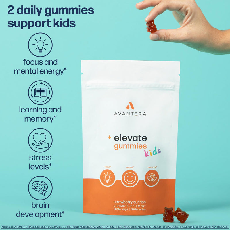 Avantera Elevate Kids Gummies - Best Focus Gummies for Memory & Brain Support - No Caffeine - Low Sugar - 56 Gummies for Ages 6+