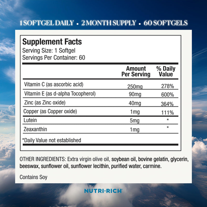 Eye Health Supplement for Vision and Mineral Supplement, Vitamin C & E, Lutein & Zeaxanthin, Zinc & Copper for Women and Men, Blue Light Protection, 60 Softgels, No Artificial Additives