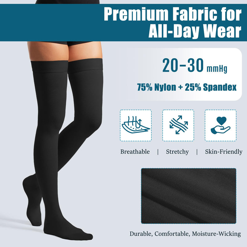 Thigh High Compression Socks,20-30 mmHg Closed Toe Compression Stockings for Men Women,for Varicose Veins,Edema,DVT Large(1 Pair) Black