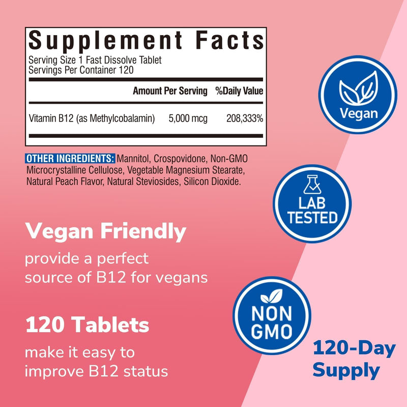 Vitalibre Vitamin B12 Sublingual 5000 mcg, Methylcobalamin, Bioactive Form | High Absorption, Vegan, Nerve, Energy, Immune, Mood Support, Natural Peach Flavor, 120 Fast Dissolve Mini Tablets, No Sugar 120 Count (Pack of 1)