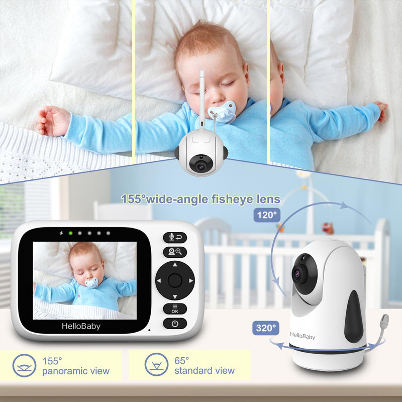 HelloBaby Baby Monitor with 3.2'' IPS Screen - Baby Camera Monitor with Remote Pan-Tilt-Zoom Camera No WiFi, Infrared Night Vision, 1000ft Wireless Connection HB6339 with 1 Camera - BeesActive Australia