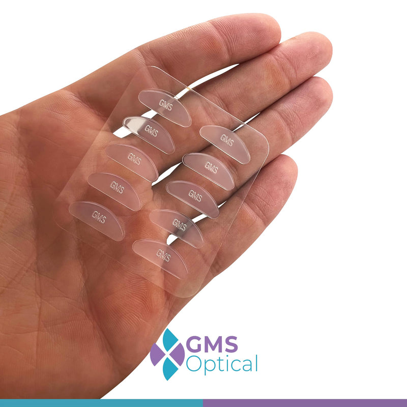 GMS Optical 1.8mm Reg-Thin/18mm Long Length - Anti-Slip Adhesive Contoured Soft Silicone Eyeglass Nose Pads with Super Sticky Backing (2 Sets / 5 Pack)(10 Pair)(Clear)